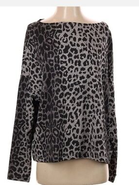 🔷 ALLSAINTS Gray Leopard Print Cotton Knit Long Sleeve Boat Neck Top Blouse Tee